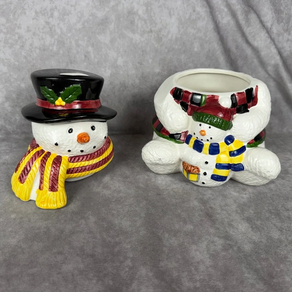 Vtg Snowman & Baby Cookie Jar Canister Ceramic Plaid Vest Christmas Holiday 9